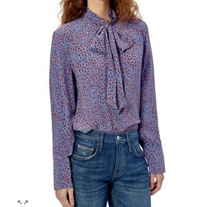 Equipment FR Olexa Femme Mini Floral Print Bow Blouse - Blue/ Purple and Red